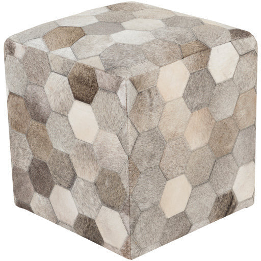 Surya Trail Modern Hair On Hide Light Gray, Gray & Charcoal Patched Leather Pouf Ottoman TLPF-001