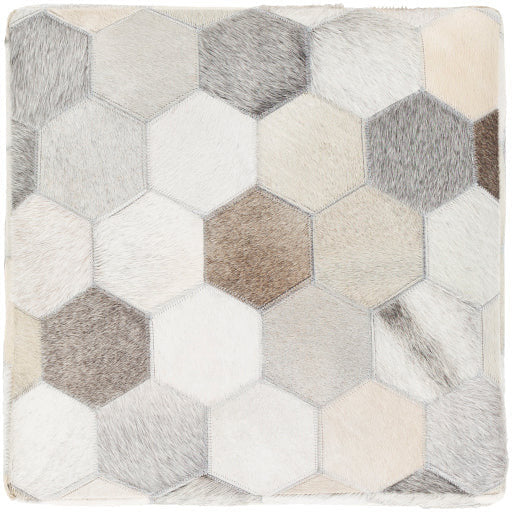 Surya Trail Modern Hair On Hide Light Gray, Gray & Charcoal Patched Leather Pouf Ottoman TLPF-001