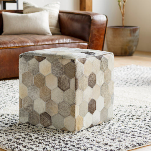 Surya Trail Modern Hair On Hide Light Gray, Gray & Charcoal Patched Leather Pouf Ottoman TLPF-001