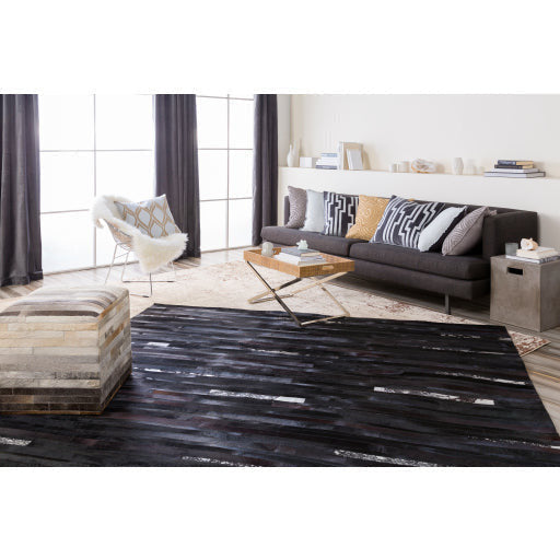 Surya Appalachian Modern Rustic Hair On Hide Ivory, Brown  & Dark Brown Patched Leather Pouf Ottoman POUF-237