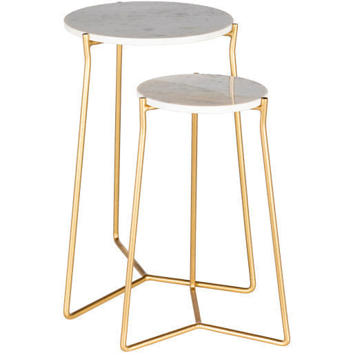 Surya Suave Modern White Marble Top With Gold Metal Base Set of 2 Nesting Accent Side Tables UAV-003