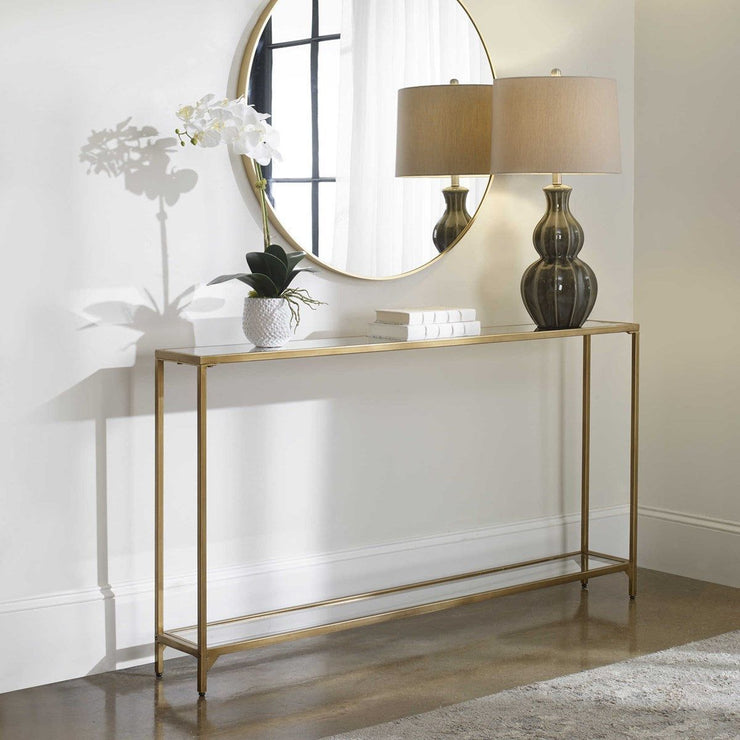 Salt & Light Mirrored Top and Glass Bottom Shelf With Warm Gold Iron Base Narrow Console Table