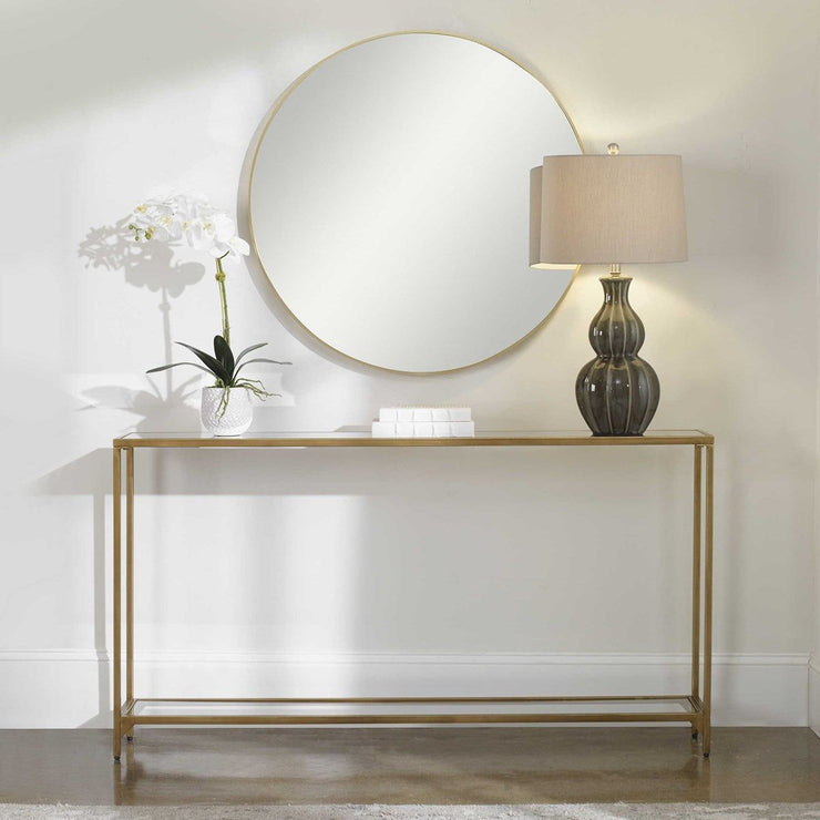 Salt & Light Mirrored Top and Glass Bottom Shelf With Warm Gold Iron Base Narrow Console Table