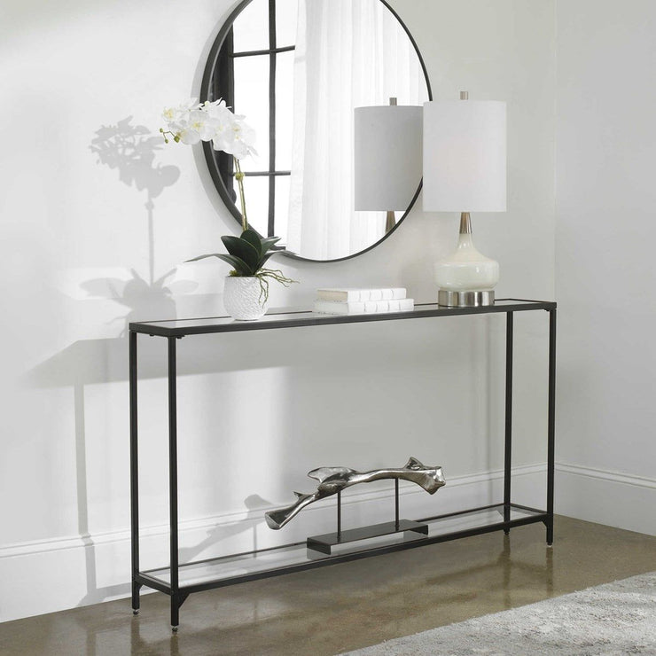 Salt & Light Mirrored Top and Glass Shelf with Black Iron Base Narrow Console Table