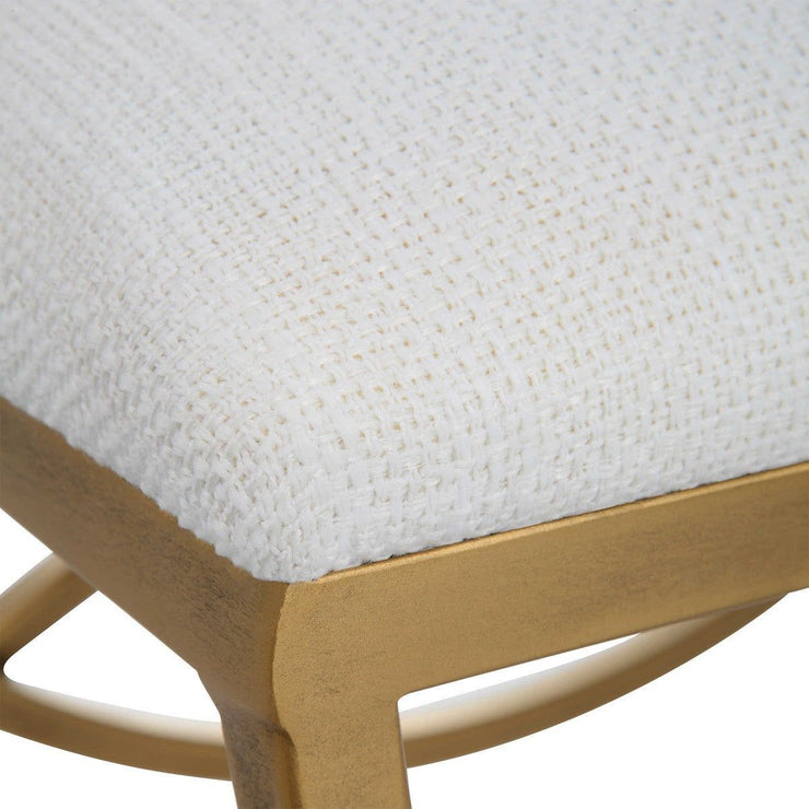 Casa Bella Living White Fabric Cushioned Top With Antique Brushed Brass Metal Accent Stool