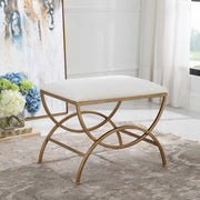 Salt & Light White Fabric Cushioned Top With Antique Brushed Brass Metal Accent Stool