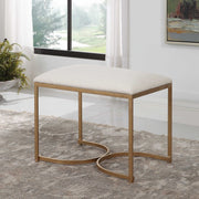Salt & Light Crisp White Fabric Cushioned Top With Antique Brushed Brass Iron Accent Bench