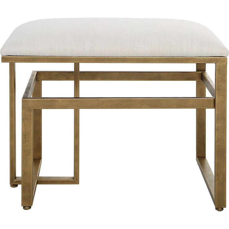 Salt & Light Off White Fabric Cushioned Top With Antique Brushed Brass Iron Modern Bench