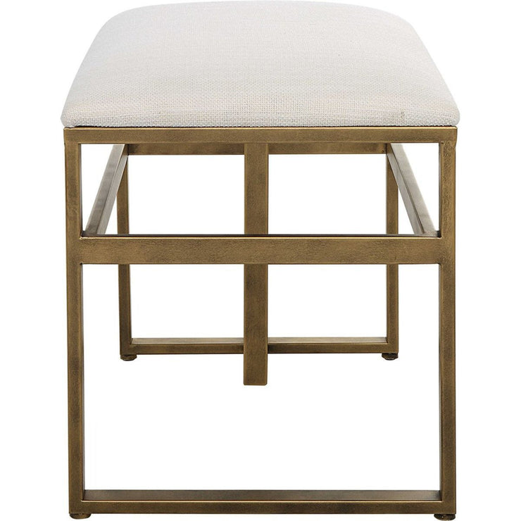 Salt & Light Off White Fabric Cushioned Top With Antique Brushed Brass Iron Modern Bench