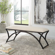 Salt & Light Oatmeal Fabric Cushioned Top With Rustic Black Iron Bench