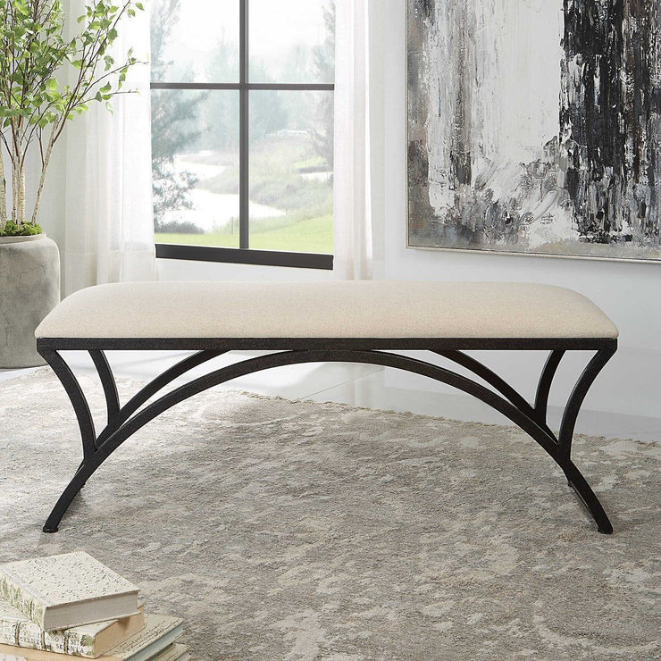 Salt & Light Oatmeal Fabric Cushioned Top With Rustic Black Iron Bench