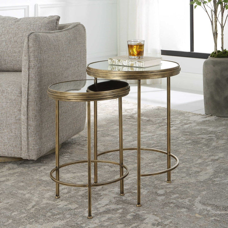 Salt & Light Mirrored Tops With Antique Brushed Gold Bases Set of 2 Round Nesting Tables