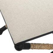 Salt & Light Oatmeal Fabric Cushioned Top With Wrapped Straw and Black Iron Small Bench