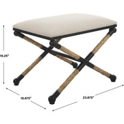 Salt & Light Oatmeal Fabric Cushioned Top With Wrapped Straw and Black Iron Small Bench