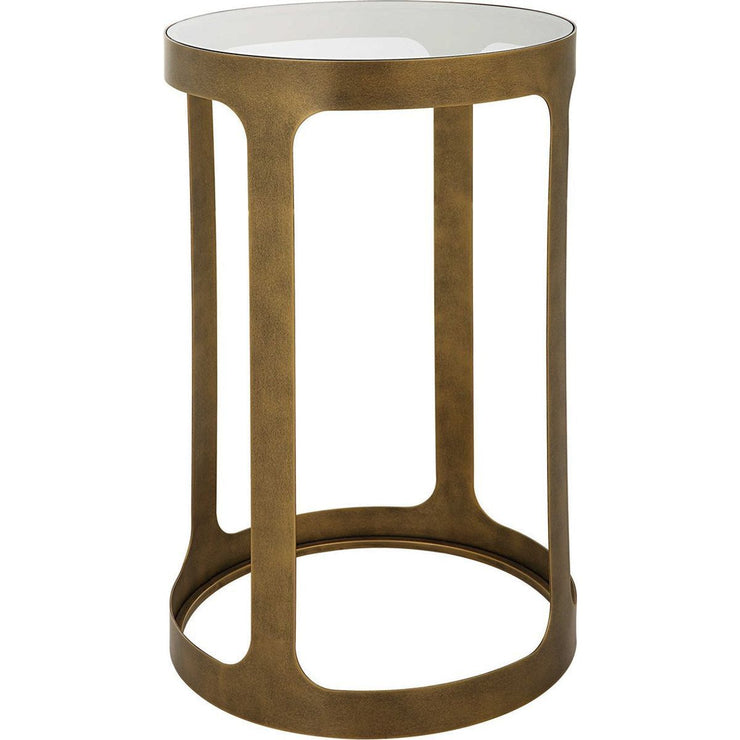 Salt & Light Tempered Glass Top With Antique Brushed Brass Metal Base Round Accent Side Table
