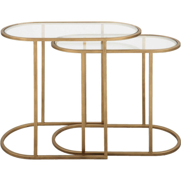 Salt & Light Glass Tops With Antique Brushed Brass Iron Bases Set of 2 Round Nesting Tables