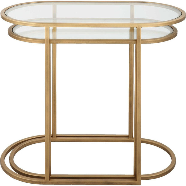 Salt & Light Glass Tops With Antique Brushed Brass Iron Bases Set of 2 Round Nesting Tables