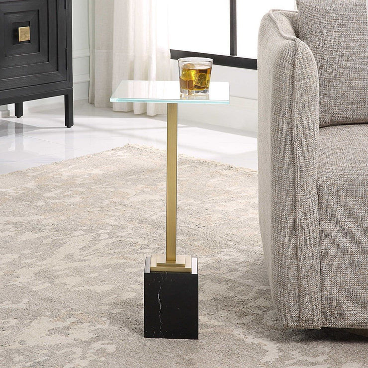 Salt & Light Tempered Glass Top With Brushed Brass and Black Marble Base Accent Drink Table