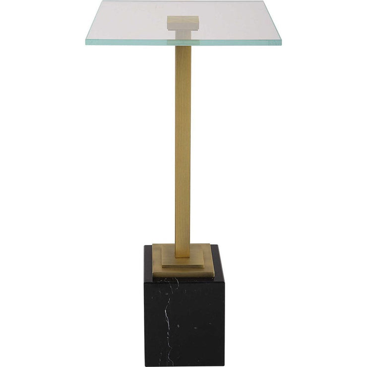 Casa Bella Living Tempered Glass Top With Brushed Brass and Black Marble Base Accent Drink Table