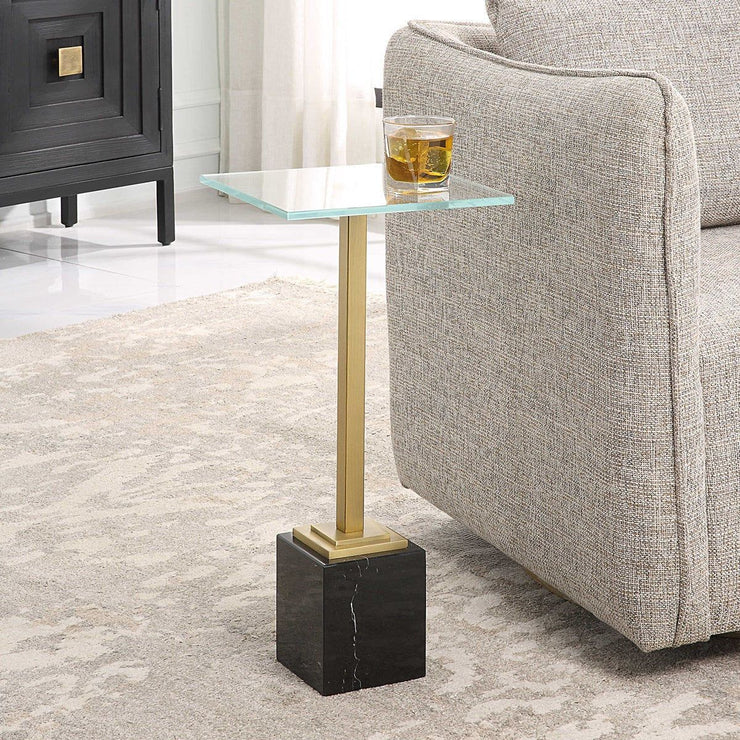 Salt & Light Tempered Glass Top With Brushed Brass and Black Marble Base Accent Drink Table