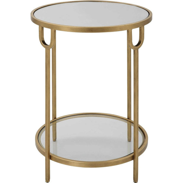 Salt & Light Mirrored Top and Glass Shelf With Antique Gold Iron Base Round Side Table