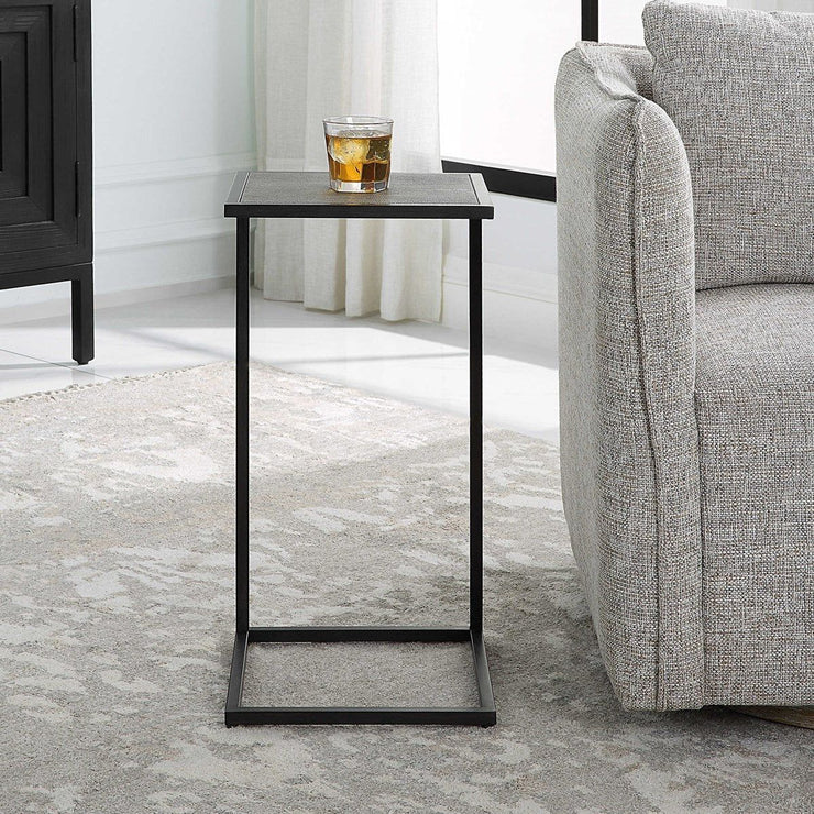 Salt & Light Gray Shagreen Top With Antique Black Base Accent Side Table