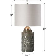 Salt & Light Off White Linen Drum Shade With Olive Glazed Ceramic Base Table Lamp