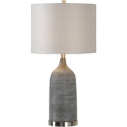 Salt & Light Light Beige Linen Drum Shade With Textured Olive Bronzed Ceramic Base Table Lamp