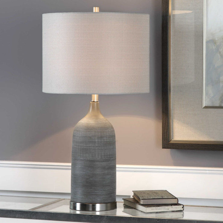 Salt & Light Light Beige Linen Drum Shade With Textured Olive Bronzed Ceramic Base Table Lamp