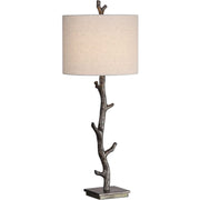 Salt & Light Off White Linen Shade With Dark Bronze and Silver Branch Base Table Lamp