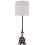 Salt & Light White Linen Drum Shade with Bronze Textured Base Table Lamp