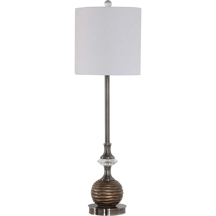 Salt & Light White Linen Drum Shade with Bronze Textured Base Table Lamp
