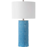 Salt & Light White Linen Shade With Sky Blue Textured Ceramic Base Table Lamp