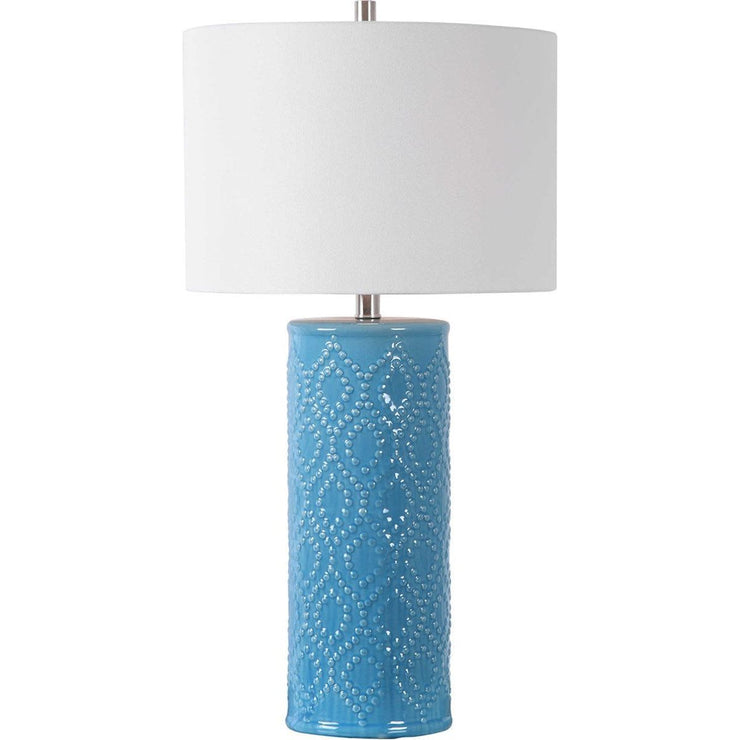 Casa Bella Living White Linen Shade With Sky Blue Textured Ceramic Base Table Lamp