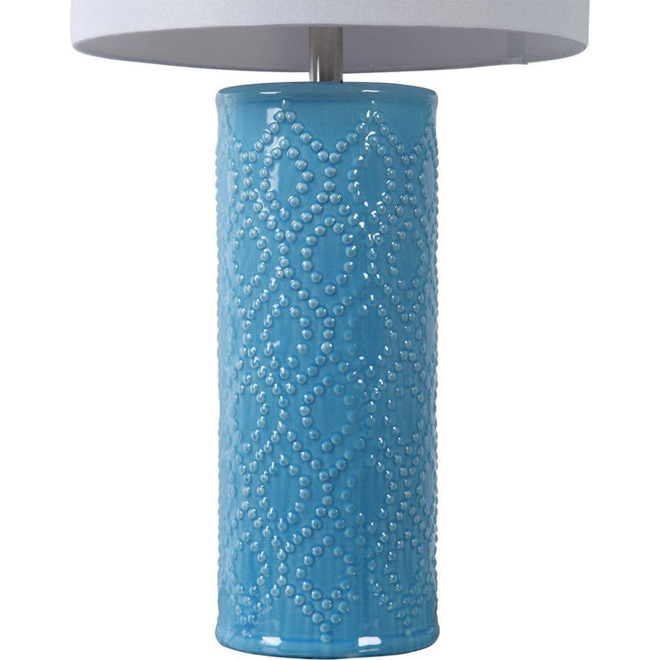 Salt & Light White Linen Shade With Sky Blue Textured Ceramic Base Table Lamp