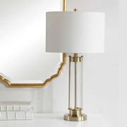 Salt & Light White Linen Shade with Glass and Golden Brass Base Table Lamp