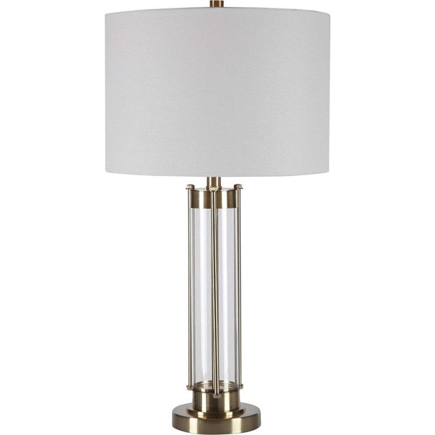 Casa Bella Living White Linen Shade with Glass and Golden Brass Base Table Lamp