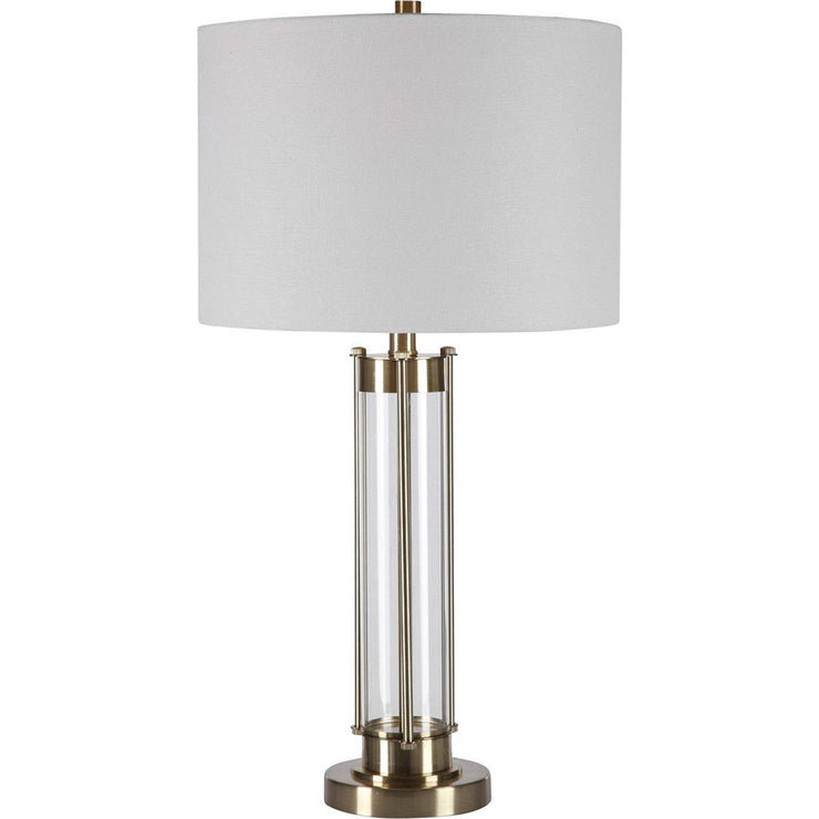 Salt & Light White Linen Shade with Glass and Golden Brass Base Table Lamp