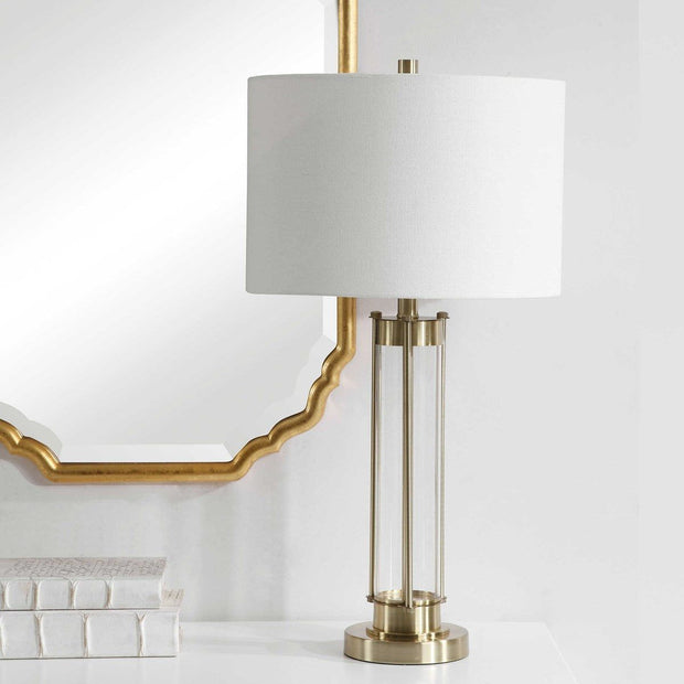 Casa Bella Living White Linen Shade with Glass and Golden Brass Base Table Lamp