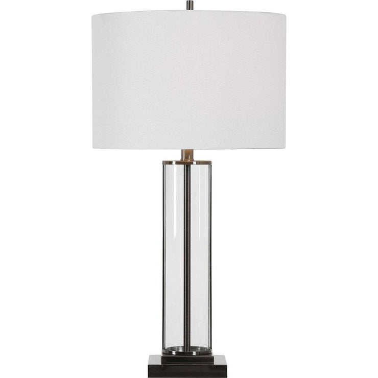 Salt & Light White Linen Shade with Glass and Dark Nickel Base Table Lamp