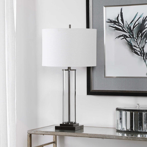 Salt & Light White Linen Shade with Glass and Dark Nickel Base Table Lamp
