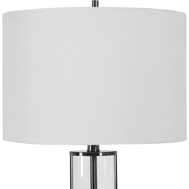 Casa Bella Living White Linen Shade with Glass and Dark Nickel Base Table Lamp