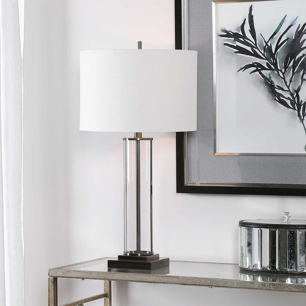 Salt & Light White Linen Shade with Glass and Dark Nickel Base Table Lamp