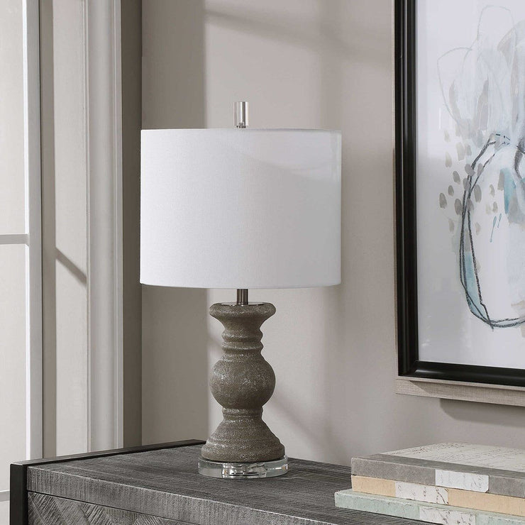 Salt & Light White Linen Shade With Textured Stone Gray Ceramic Base Table Lamp