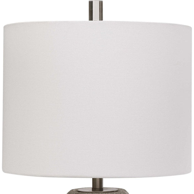 Salt & Light White Linen Shade With Textured Stone Gray Ceramic Base Table Lamp