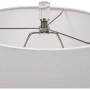 Salt & Light White Linen Shade With Textured Stone Gray Ceramic Base Table Lamp