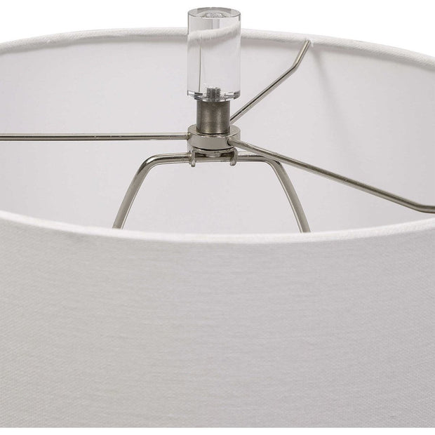 Salt & Light White Linen Shade With Textured Stone Gray Ceramic Base Table Lamp