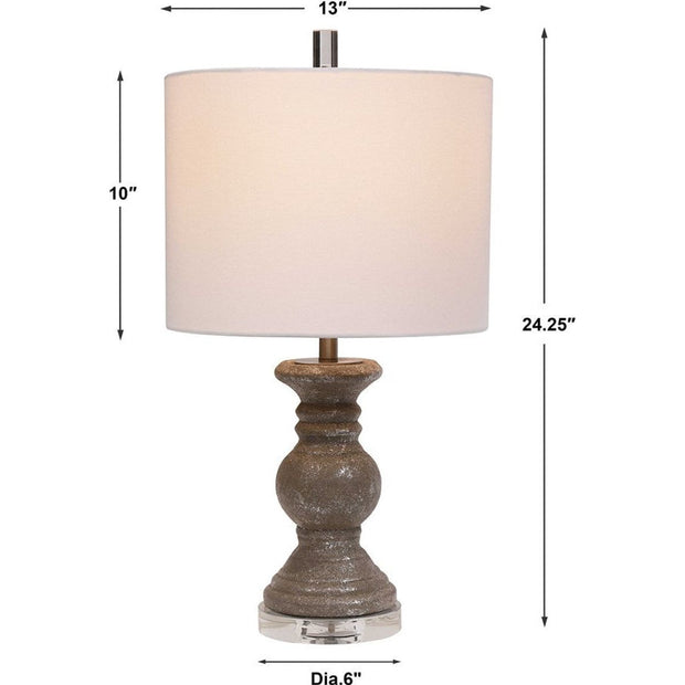 Salt & Light White Linen Shade With Textured Stone Gray Ceramic Base Table Lamp