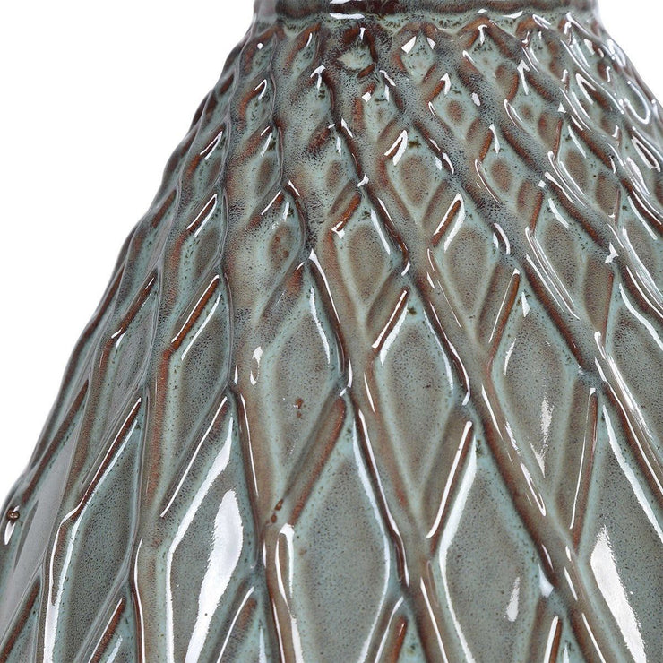 Salt & Light Beige Linen Drum Shade With Rust and Aqua Textured Ceramic Base Table Lamp