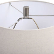 Salt & Light Beige Linen Drum Shade With Rust and Aqua Textured Ceramic Base Table Lamp